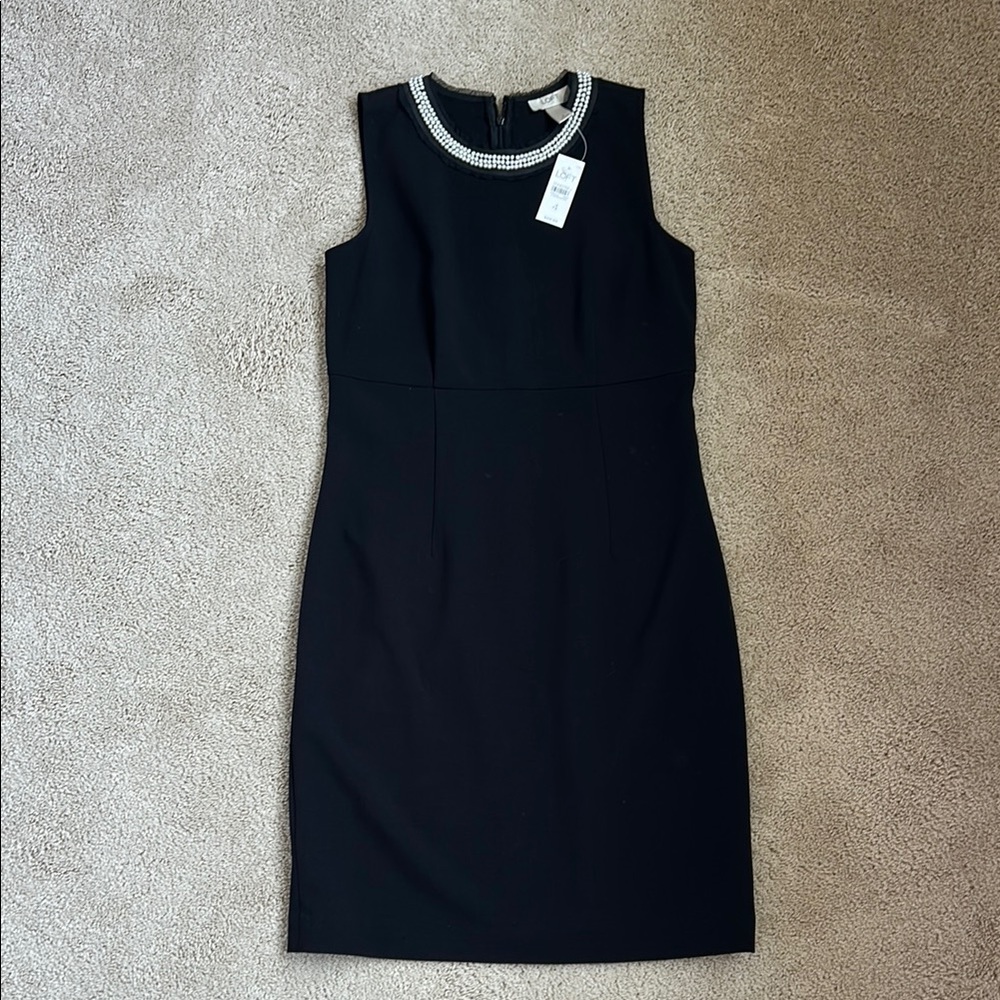 NWT Ann Taylor Loft Outlet Black Sleeveless Dress/ Embellished Pearl Neckline, 4